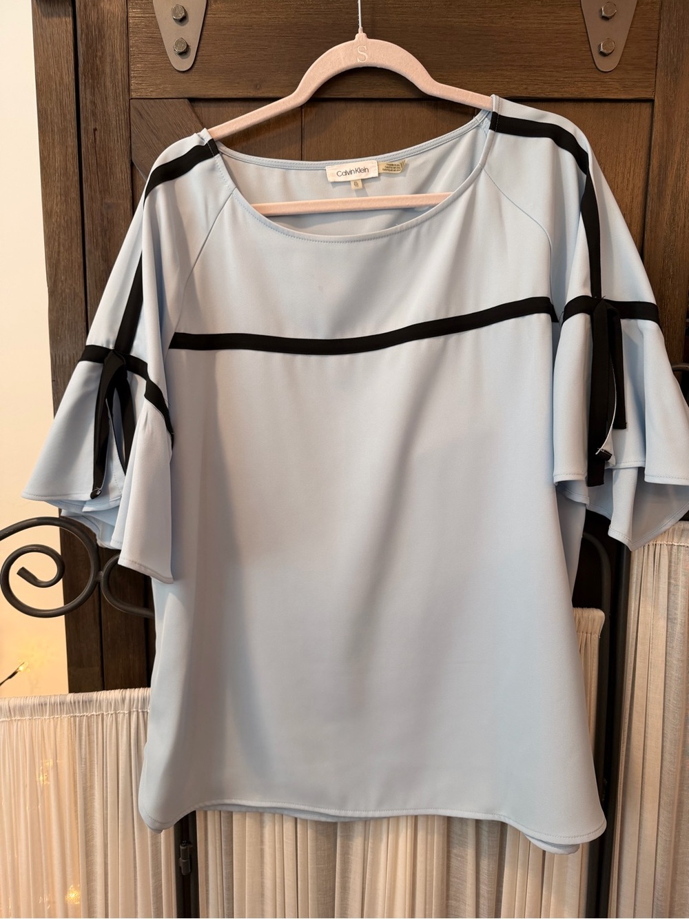 Calvin Klein Pale Blue Flutter Sleeve Top with Black Trim